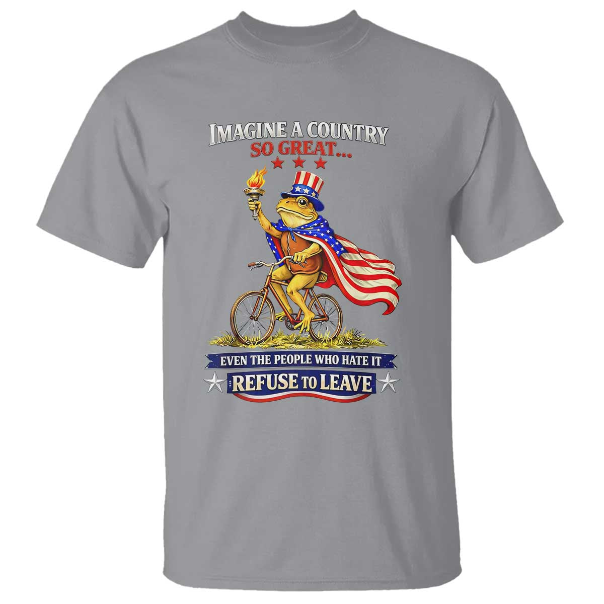 Proud American Humor Patriotic Frog On Bicycle Graphic T Shirt Imagine A Country So Great Pride TS02 Sport Gray Print Your Wear