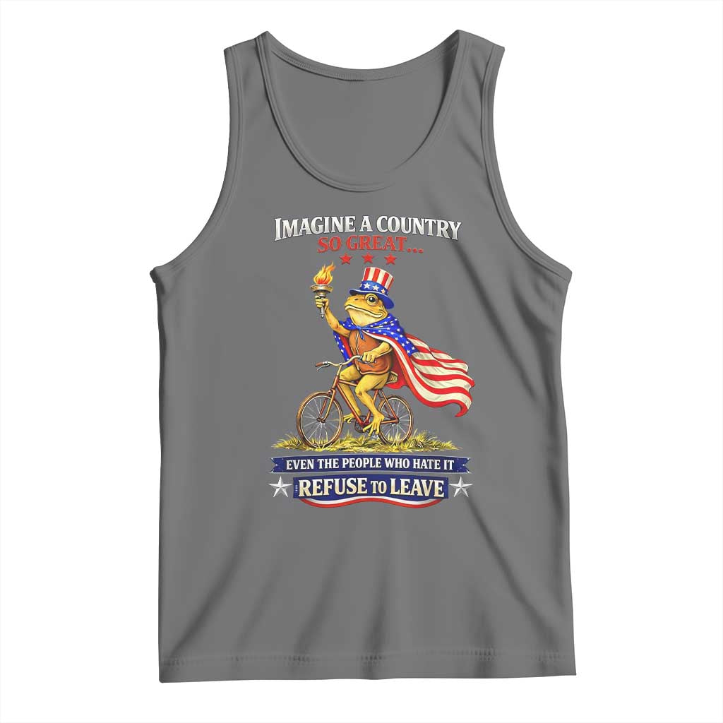 Proud American Humor Patriotic Frog On Bicycle Graphic Tank Top Imagine A Country So Great Pride TS02 Black Heather Print Your Wear