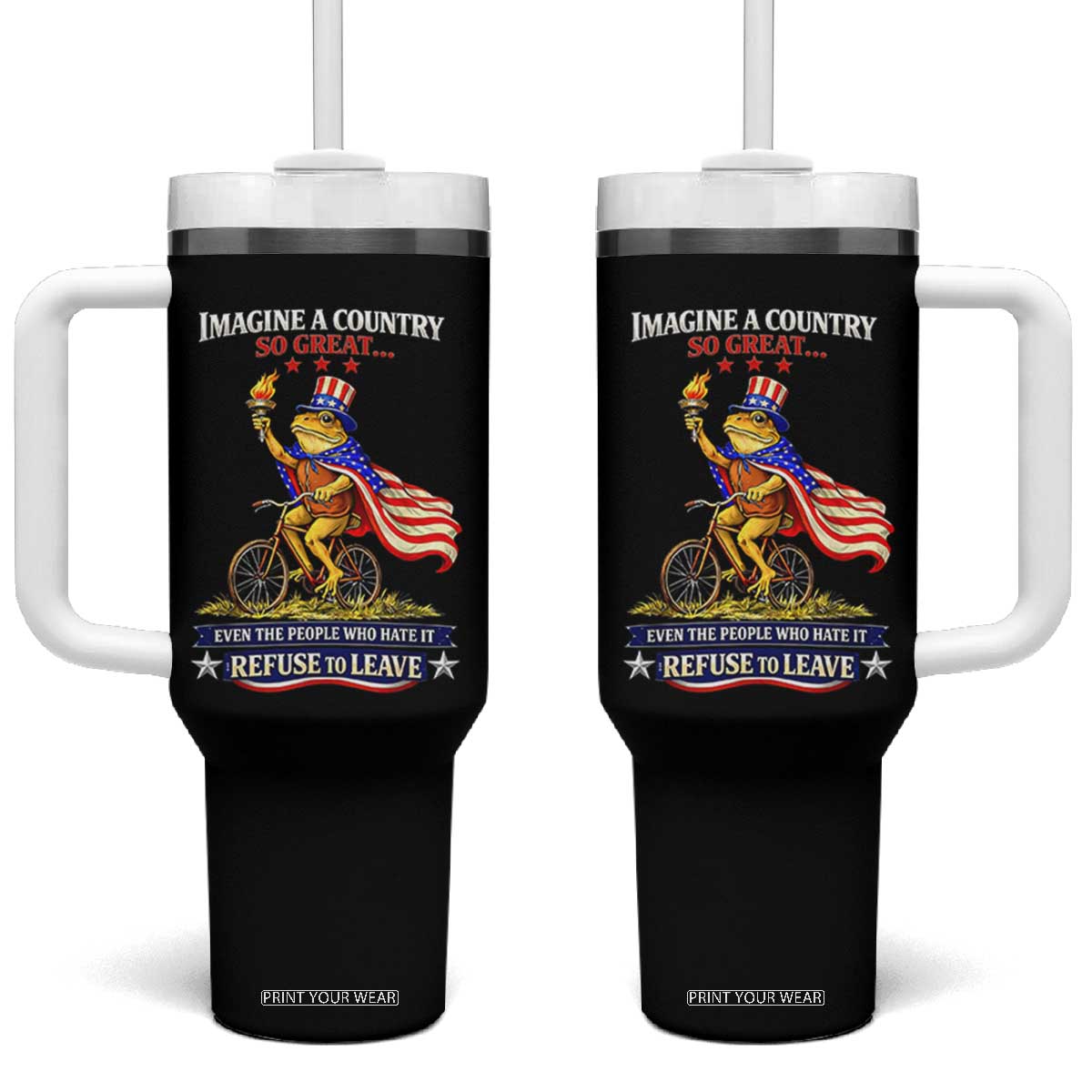 Proud American Humor Patriotic Frog On Bicycle Graphic Tumbler With Handle Imagine A Country So Great Pride TS02 One Size: 40 oz Black Print Your Wear