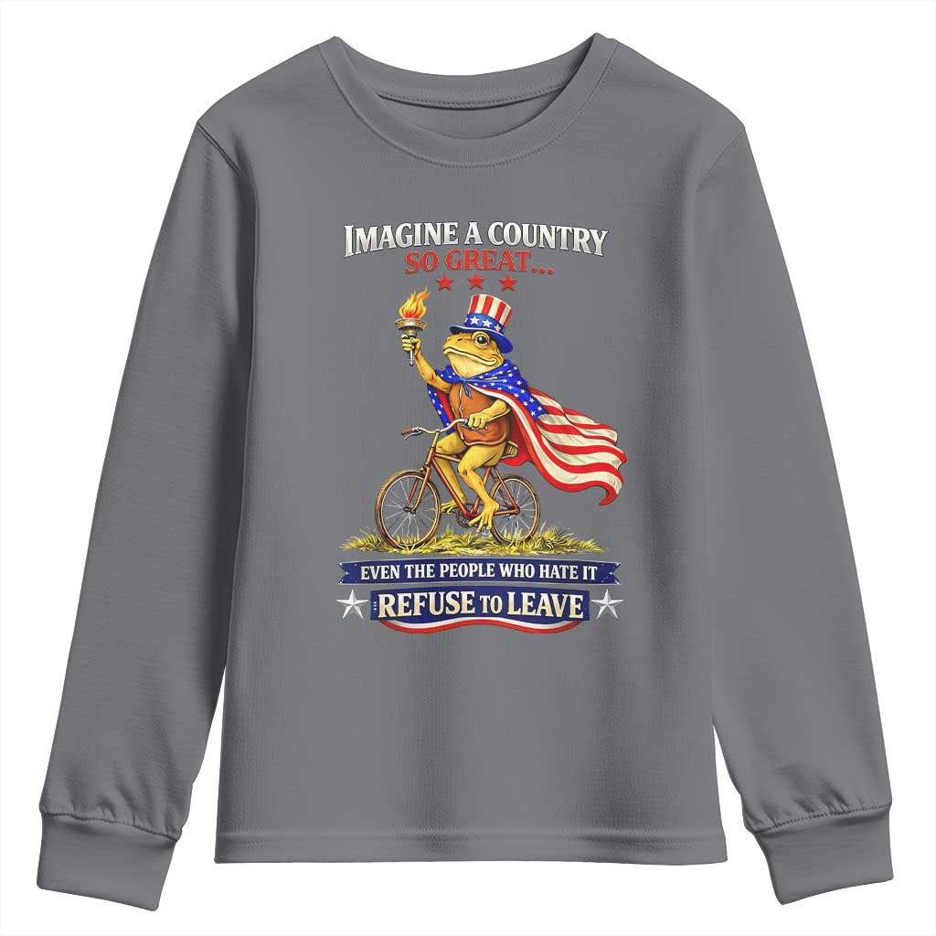Proud American Humor Patriotic Frog On Bicycle Graphic Youth Sweatshirt Imagine A Country So Great Pride TS02 Charcoal Print Your Wear