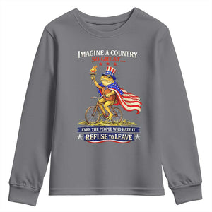 Proud American Humor Patriotic Frog On Bicycle Graphic Youth Sweatshirt Imagine A Country So Great Pride TS02 Charcoal Print Your Wear