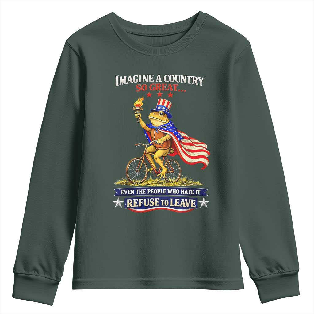 Proud American Humor Patriotic Frog On Bicycle Graphic Youth Sweatshirt Imagine A Country So Great Pride TS02 Dark Forest Green Print Your Wear