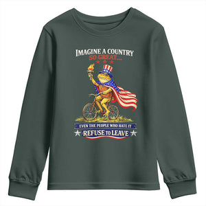 Proud American Humor Patriotic Frog On Bicycle Graphic Youth Sweatshirt Imagine A Country So Great Pride TS02 Dark Forest Green Print Your Wear