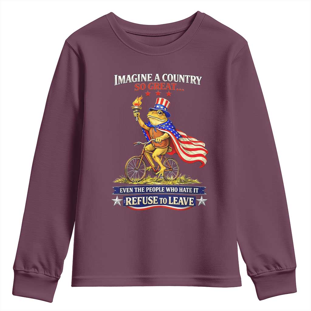 Proud American Humor Patriotic Frog On Bicycle Graphic Youth Sweatshirt Imagine A Country So Great Pride TS02 Maroon Print Your Wear