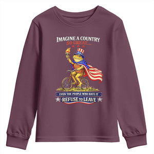 Proud American Humor Patriotic Frog On Bicycle Graphic Youth Sweatshirt Imagine A Country So Great Pride TS02 Maroon Print Your Wear