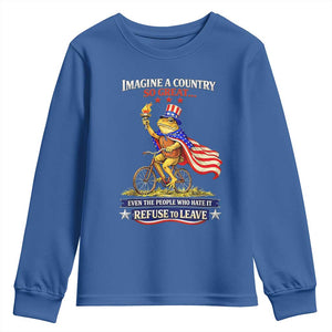 Proud American Humor Patriotic Frog On Bicycle Graphic Youth Sweatshirt Imagine A Country So Great Pride TS02 Royal Blue Print Your Wear