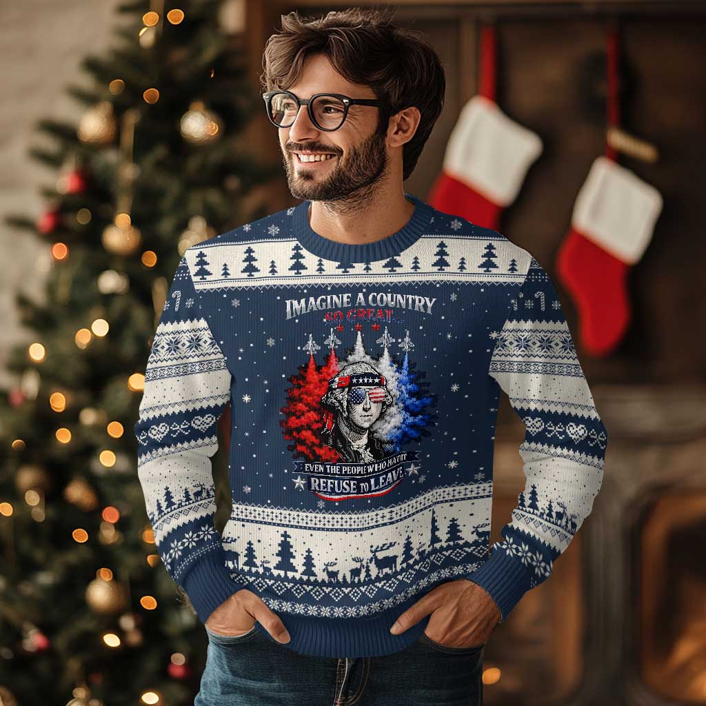 Patriotic George Washington Sunglasses and Fighter Jets Ugly Christmas Sweater Imagine A Country So Great Pride TS02 Navy Beige Print Your Wear