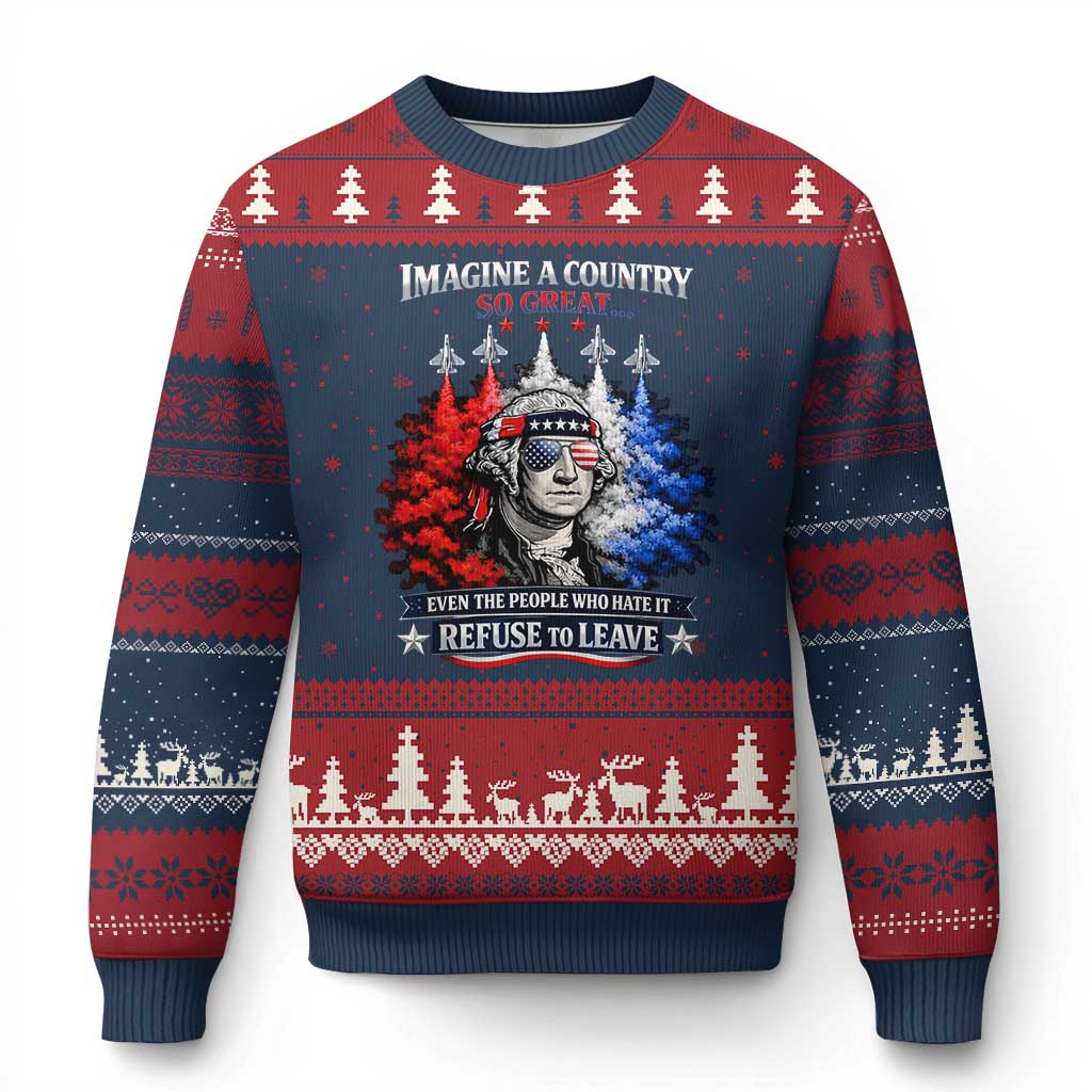 Patriotic George Washington Sunglasses and Fighter Jets Ugly Christmas Sweater Imagine A Country So Great Pride TS02 Navy Red Print Your Wear