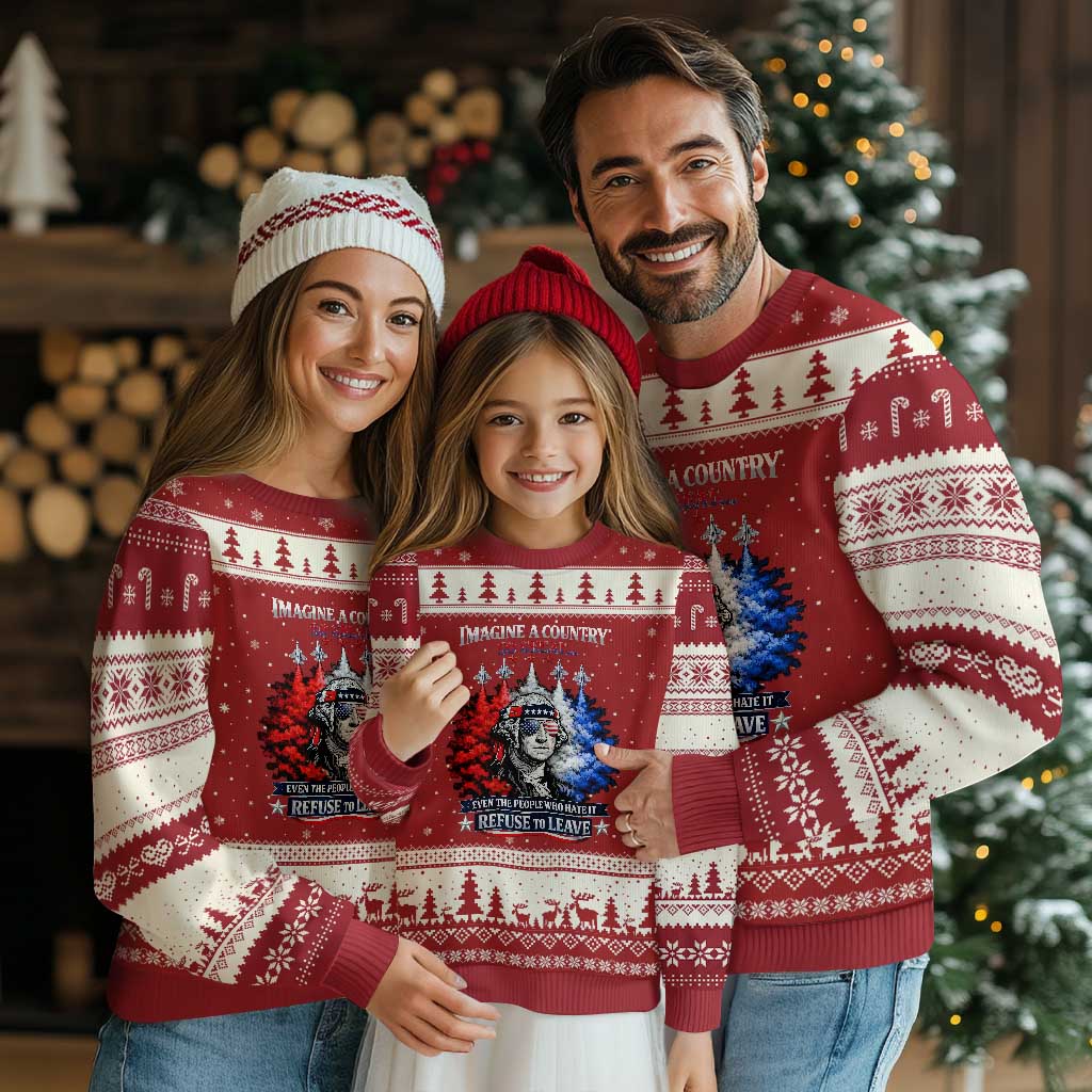 Patriotic George Washington Sunglasses and Fighter Jets Ugly Christmas Sweater Imagine A Country So Great Pride TS02 Red Beige Print Your Wear