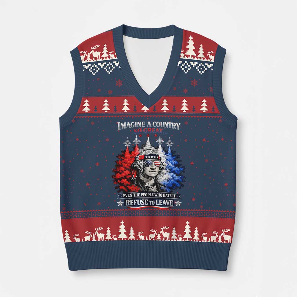 Patriotic George Washington Sunglasses and Fighter Jets V-Neck Knit Sweater Vest Imagine A Country So Great Pride TS02 Navy Red Print Your Wear