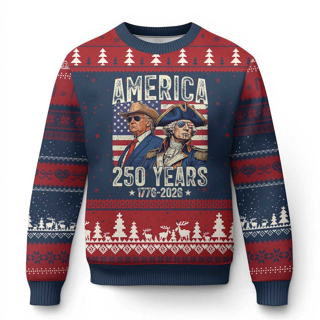 America Semiquincentennial George Washington and Trump Ugly Christmas Sweater 250 Years 1776-2026 Patriotic Founding Fathers Legacy TS02 Navy Red Print Your Wear