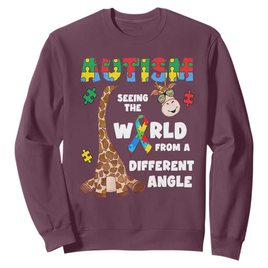 Autism Giraffe Sweatshirt Seeing The World From A Different Angle Puzzle Pieces TS02 Maroon Printyourwear