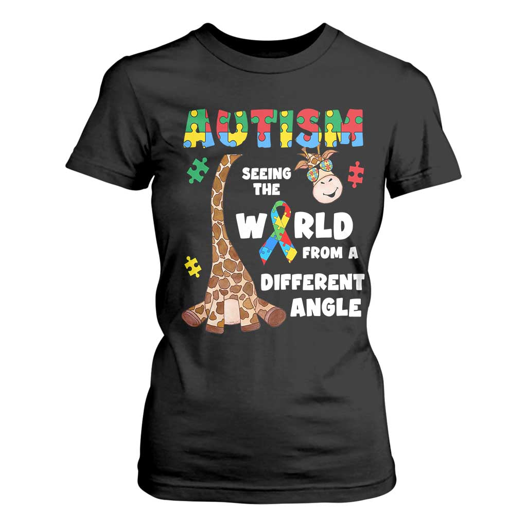 Autism Giraffe T Shirt For Women Seeing The World From A Different Angle Puzzle Pieces TS02 Black Printyourwear