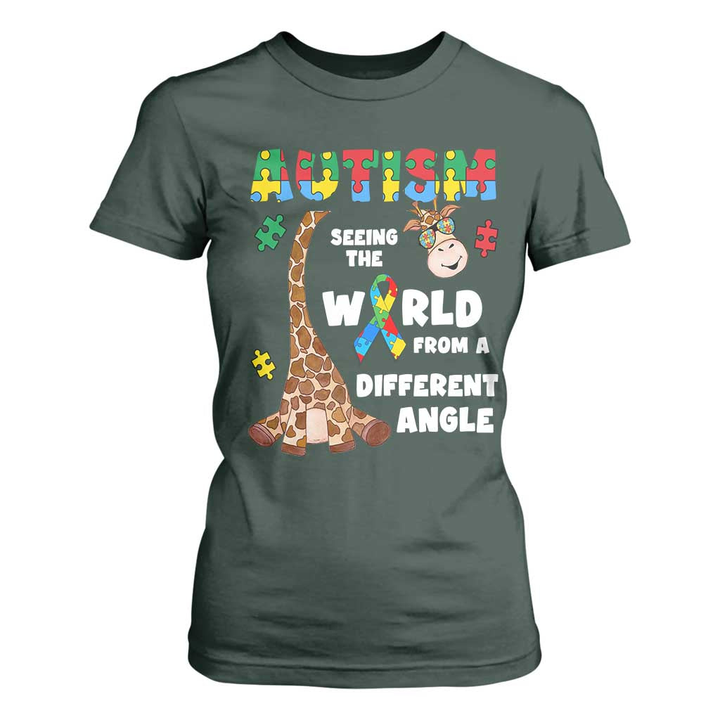 Autism Giraffe T Shirt For Women Seeing The World From A Different Angle Puzzle Pieces TS02 Dark Forest Green Printyourwear