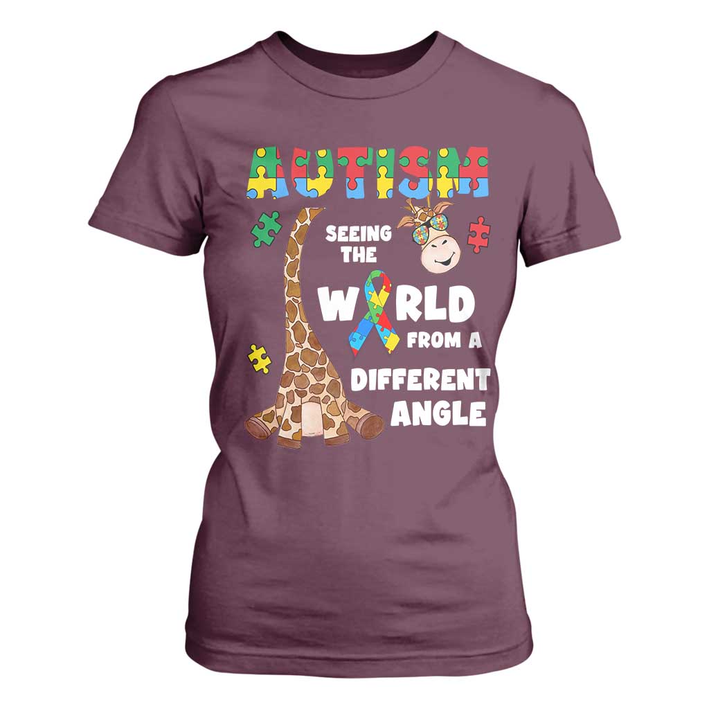 Autism Giraffe T Shirt For Women Seeing The World From A Different Angle Puzzle Pieces TS02 Maroon Printyourwear