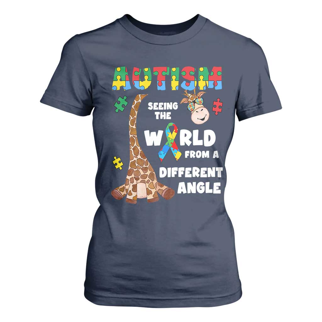 Autism Giraffe T Shirt For Women Seeing The World From A Different Angle Puzzle Pieces TS02 Navy Printyourwear