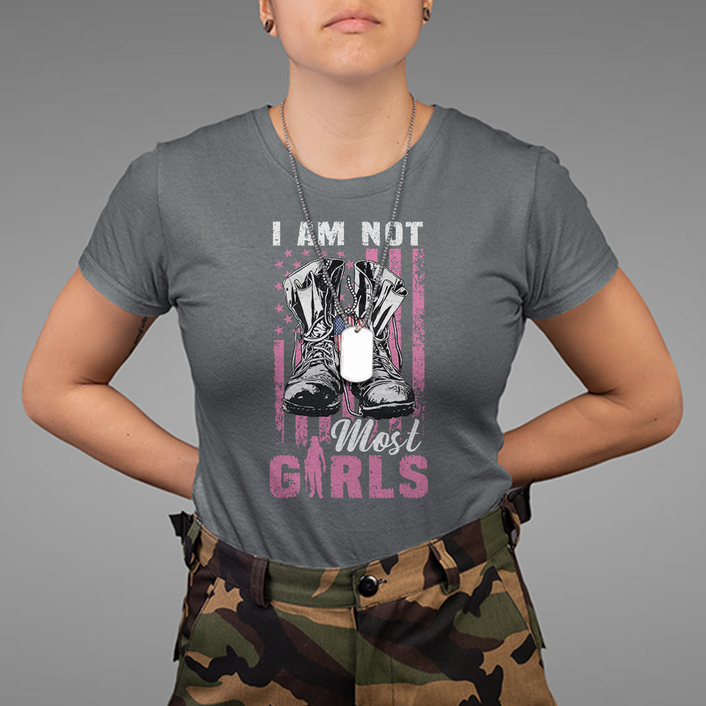 Female Veteran T Shirt I Am Not Most Girls American Flag Combat Boots And Dog Tags TS02 Printyourwear