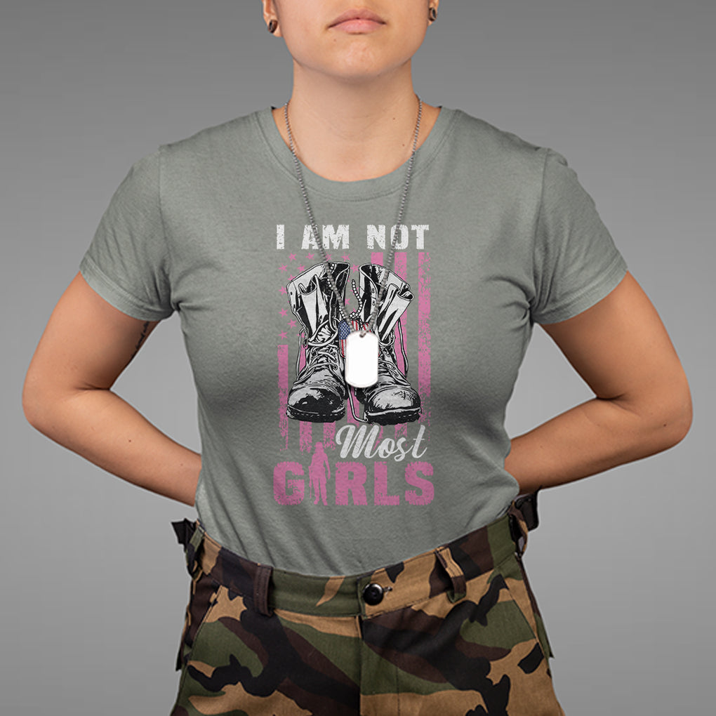 Female Veteran T Shirt I Am Not Most Girls American Flag Combat Boots And Dog Tags TS02 Printyourwear