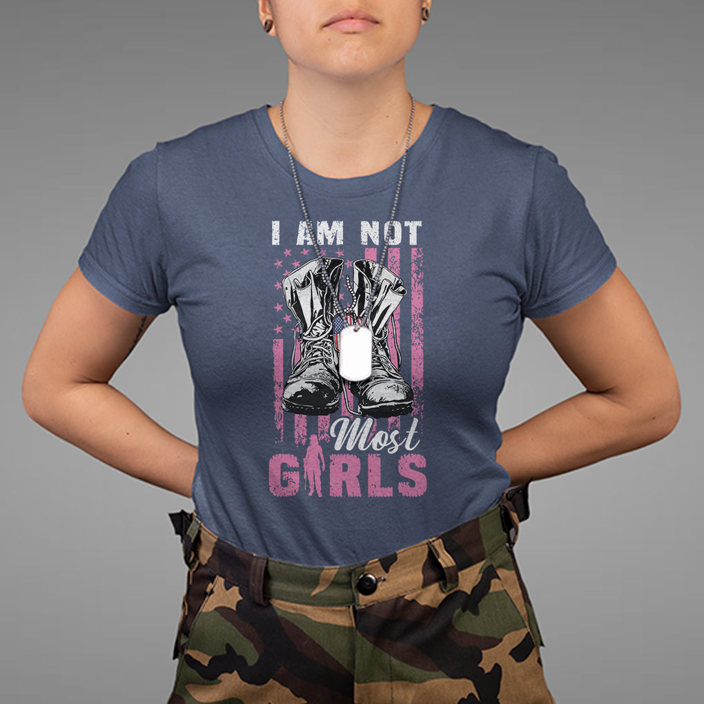 Female Veteran T Shirt I Am Not Most Girls American Flag Combat Boots And Dog Tags TS02 Printyourwear