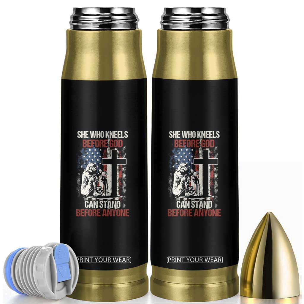 Female Veteran Bullet Tumbler She Who Kneels Before God Can Stand Before Anyone Strong Women TS02 Black Print Your Wear
