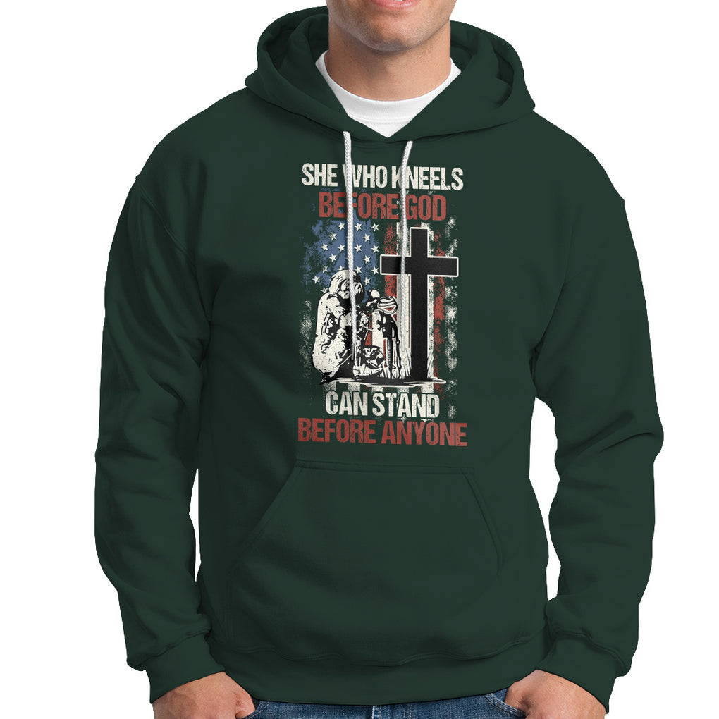 Female Veteran Hoodie She Who Kneels Before God Can Stand Before Anyone Strong Women TS02 Printyourwear