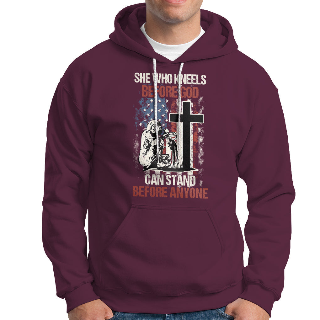 Female Veteran Hoodie She Who Kneels Before God Can Stand Before Anyone Strong Women TS02 Printyourwear