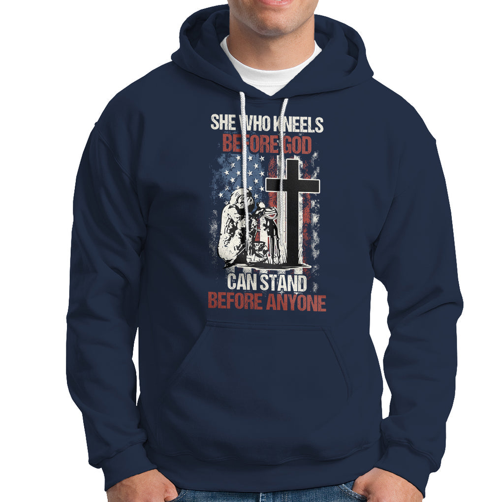 Female Veteran Hoodie She Who Kneels Before God Can Stand Before Anyone Strong Women TS02 Printyourwear