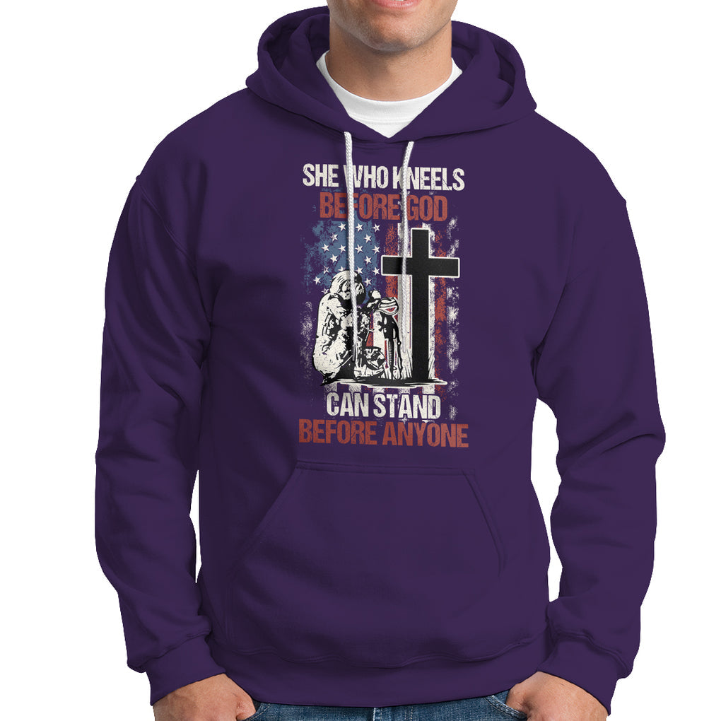 Female Veteran Hoodie She Who Kneels Before God Can Stand Before Anyone Strong Women TS02 Printyourwear