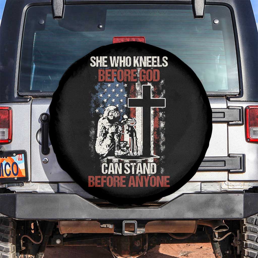 Female Veteran Spare Tire Cover She Who Kneels Before God Can Stand Before Anyone Strong Women TS02 No hole Black Print Your Wear