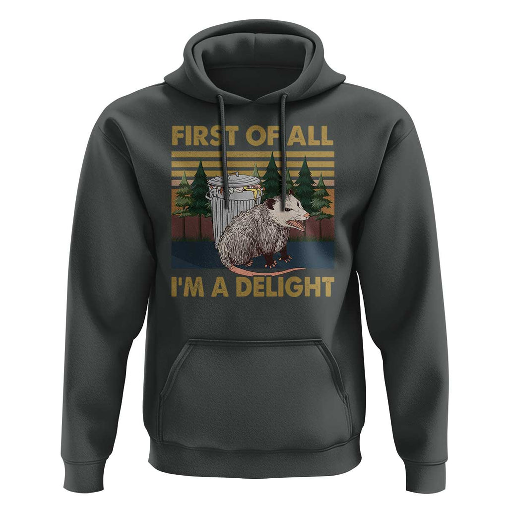 Funny Opossum Hoodie First Of All I'm A Delight Retro Vintage TS02 Dark Heather Print Your Wear