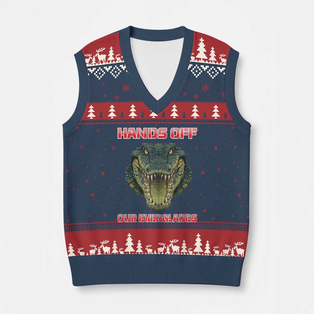 Hands Off Our Everglades V-Neck Knit Sweater Vest Fierce Alligator Protest TS02 Navy Red Print Your Wear