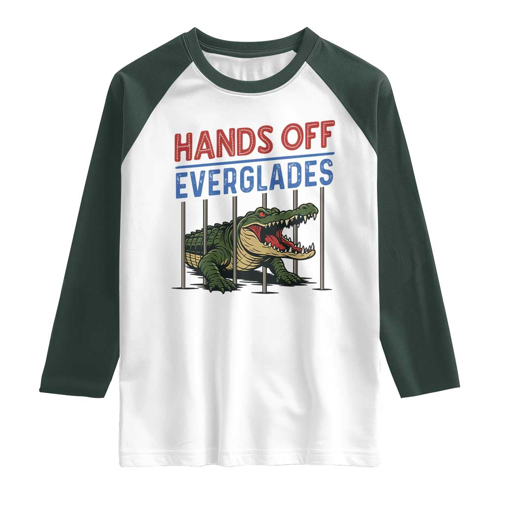 Hands Off Everglades Raglan Shirt Alligator Protest TS02 White Dark Forest Green Print Your Wear