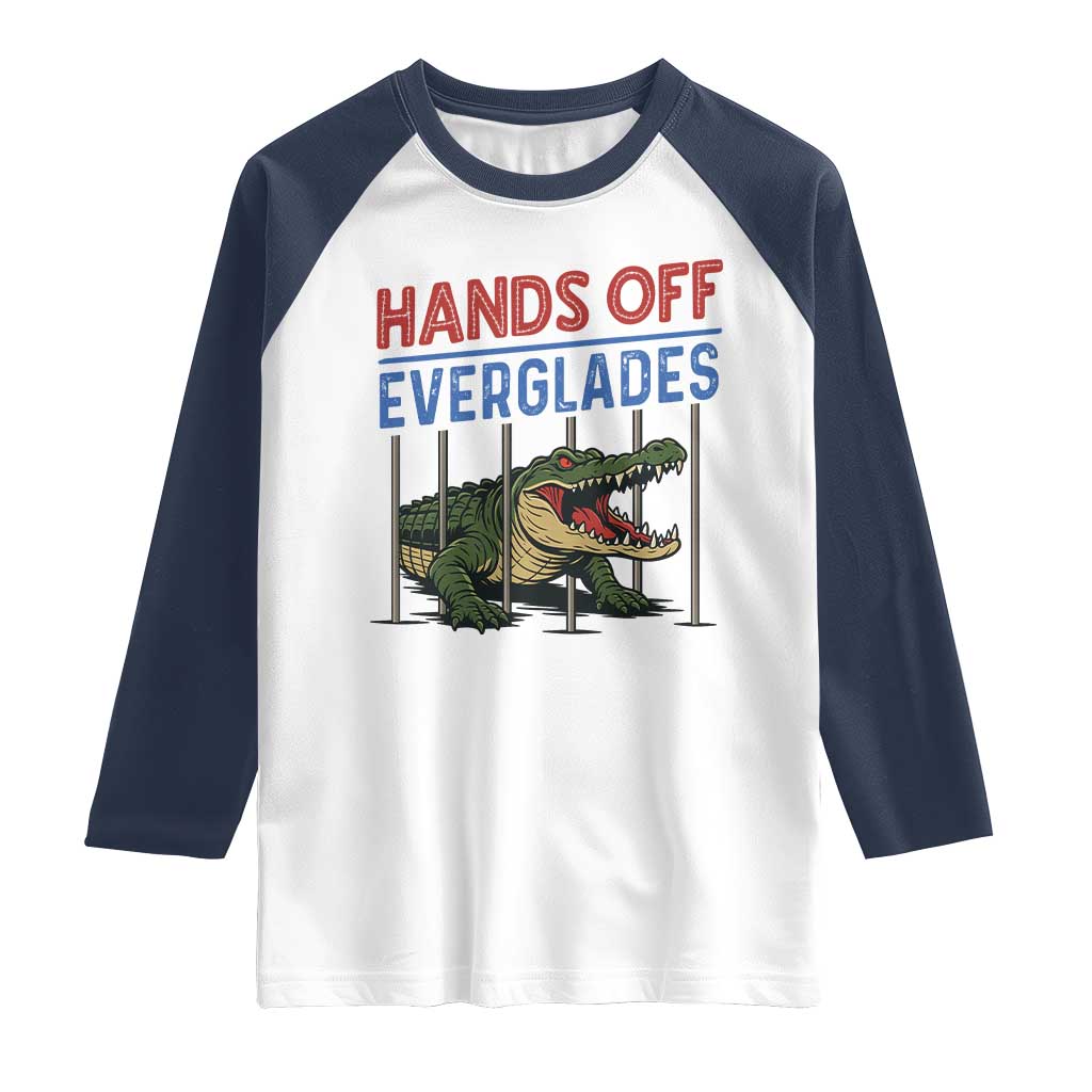 Hands Off Everglades Raglan Shirt Alligator Protest TS02 White Navy Print Your Wear
