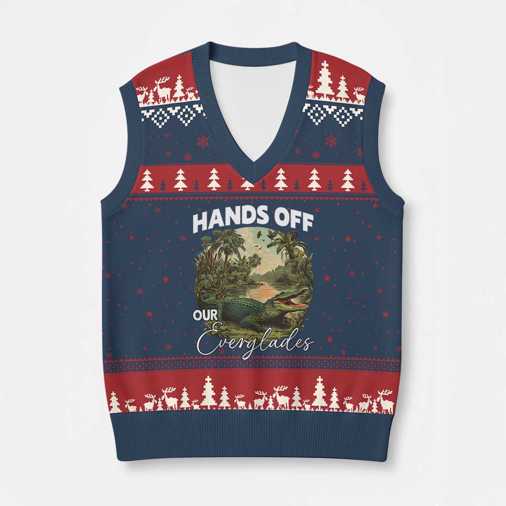 Hands Off Our Everglades V-Neck Knit Sweater Vest Vintage Alligator Swamp TS02 Navy Red Print Your Wear
