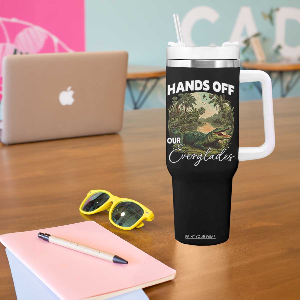 Hands Off Our Everglades Tumbler With Handle Vintage Alligator Swamp TS02 Print Your Wear