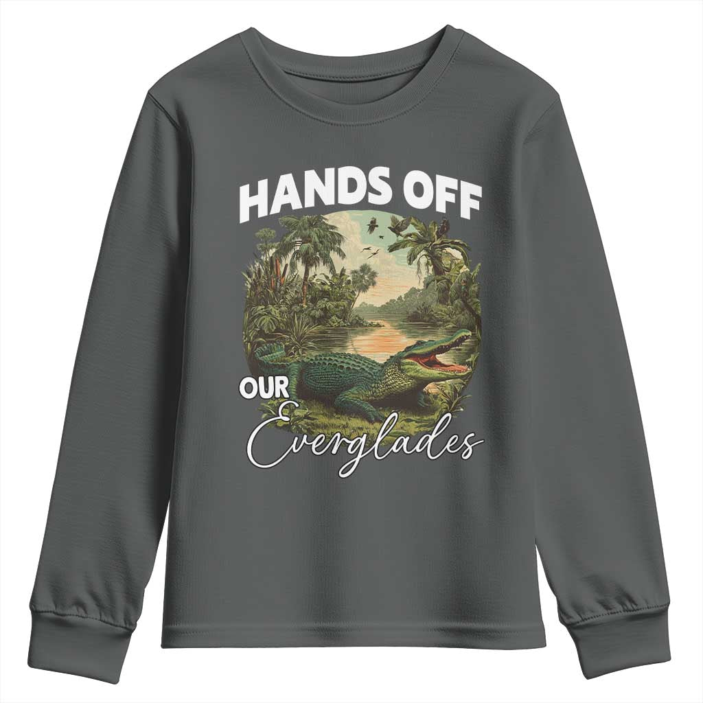 Hands Off Our Everglades Youth Sweatshirt Vintage Alligator Swamp TS02 Dark Heather Print Your Wear