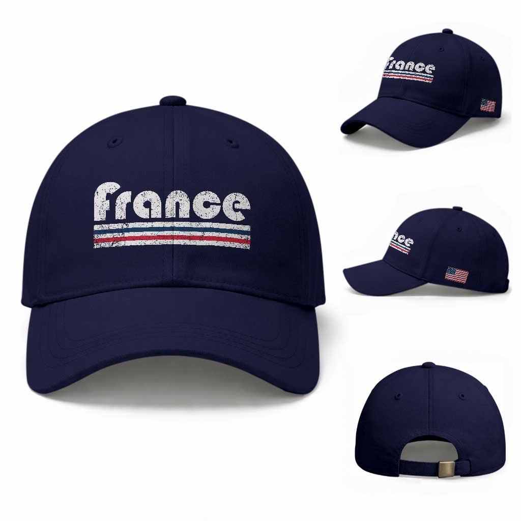 Vintage France Flag Distressed Retro Graphic Baseball Cap Patriotic French Heritage Pride Gift TS02 Baseball Cap Universal Fit Dark Blue Print Your Wear