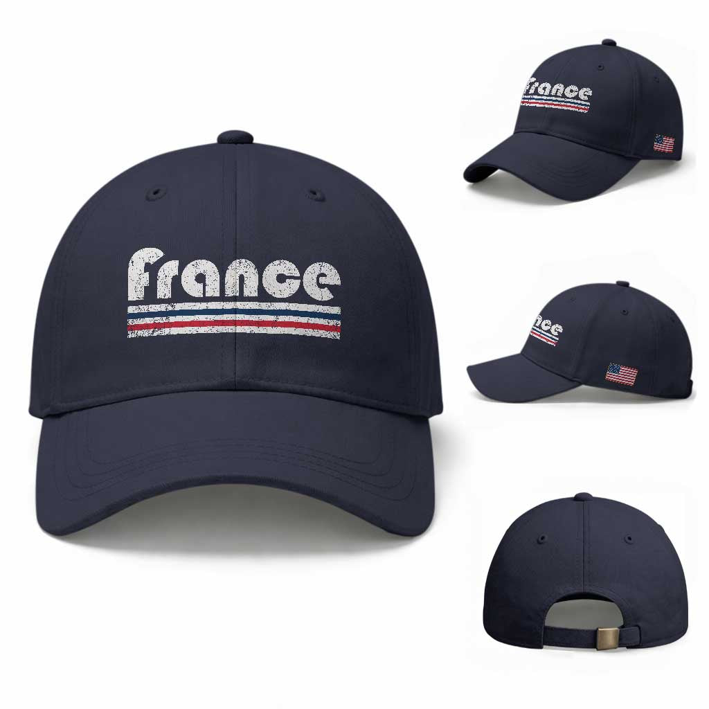 Vintage France Flag Distressed Retro Graphic Baseball Cap Patriotic French Heritage Pride Gift TS02 Baseball Cap Universal Fit Navy Print Your Wear