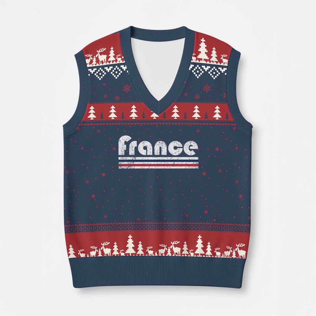 Vintage France Flag Distressed Retro Graphic V-Neck Knit Sweater Vest Patriotic French Heritage Pride Gift TS02 Navy Red Print Your Wear