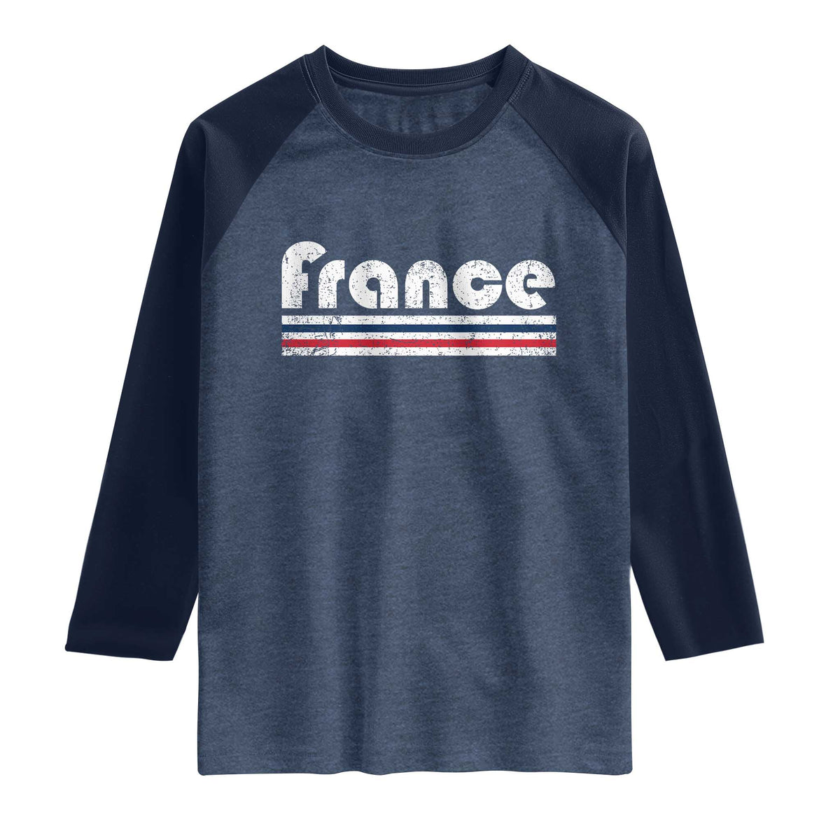 Vintage France Flag Distressed Retro Graphic Raglan Shirt Patriotic French Heritage Pride Gift TS02 Heather Denim Navy Print Your Wear