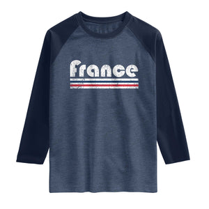 Vintage France Flag Distressed Retro Graphic Raglan Shirt Patriotic French Heritage Pride Gift TS02 Heather Denim Navy Print Your Wear