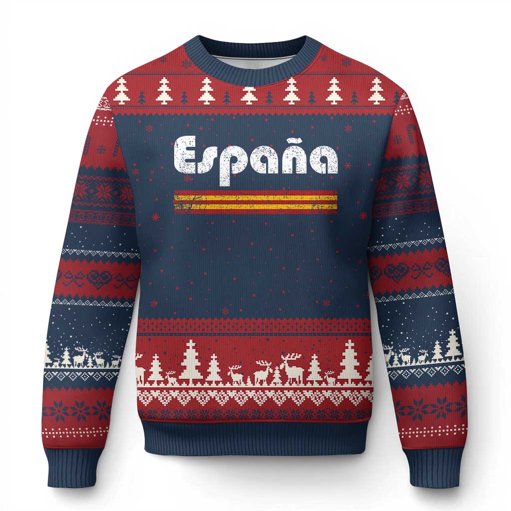 Vintage Espana Espanol Retro Distressed Graphic Ugly Christmas Sweater Patriotic Spanish Spain Flag Heritage Pride Souvenir TS02 Navy Red Print Your Wear