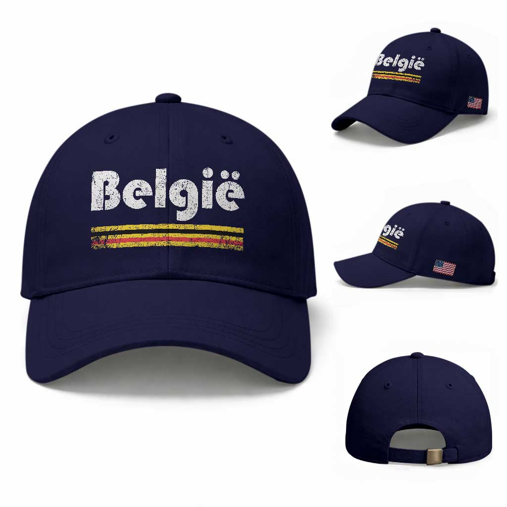 Retro Belgie Belgium Flag Distressed Graphic in Dutch Baseball Cap Proud Belgian Heritage and Country Roots Pride Gift TS02 Baseball Cap Universal Fit Dark Blue Print Your Wear