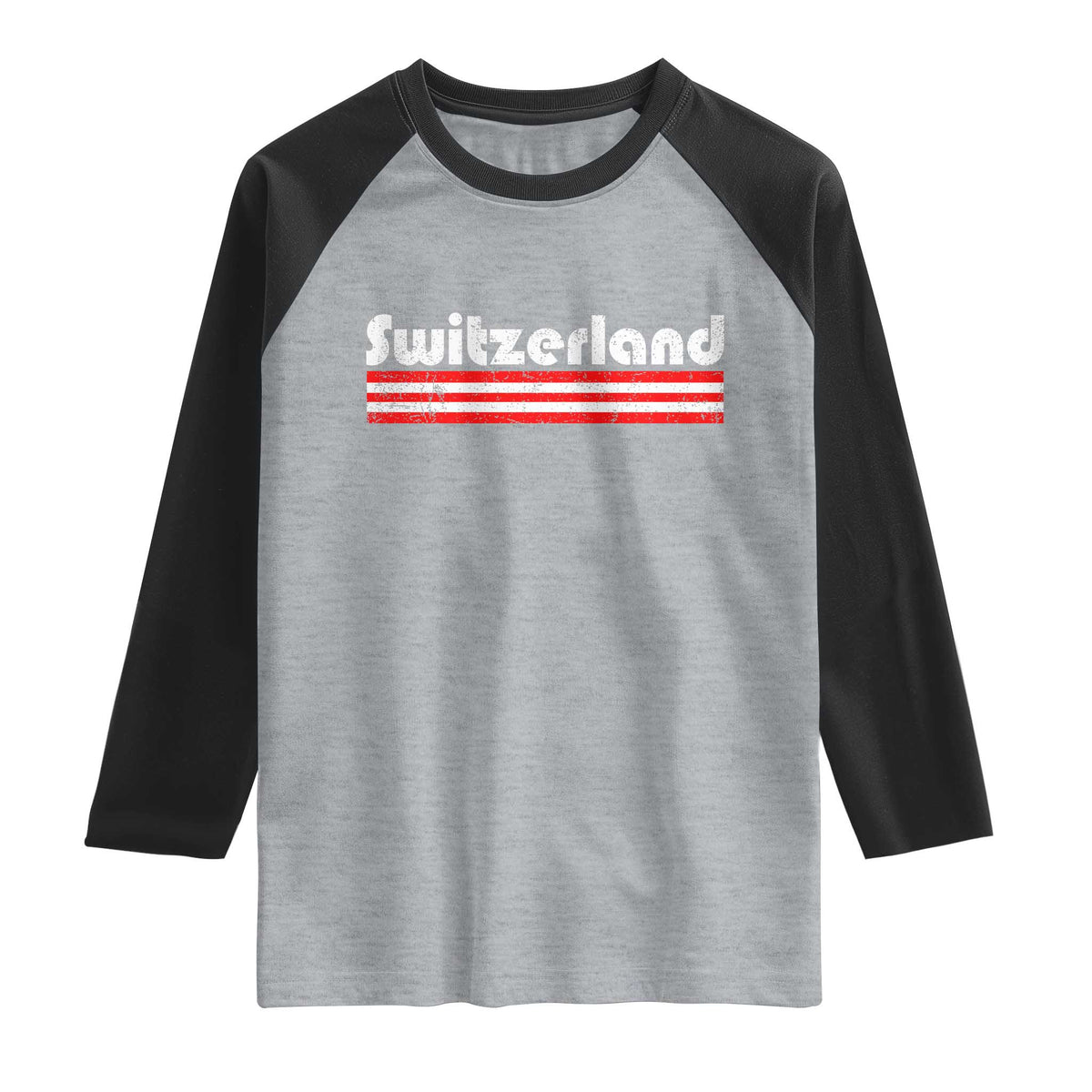 Vintage Switzerland Retro Distressed Graphic Raglan Shirt Patriotic Swiss Heritage Pride Souvenir TS02 Heather Gray Black Print Your Wear