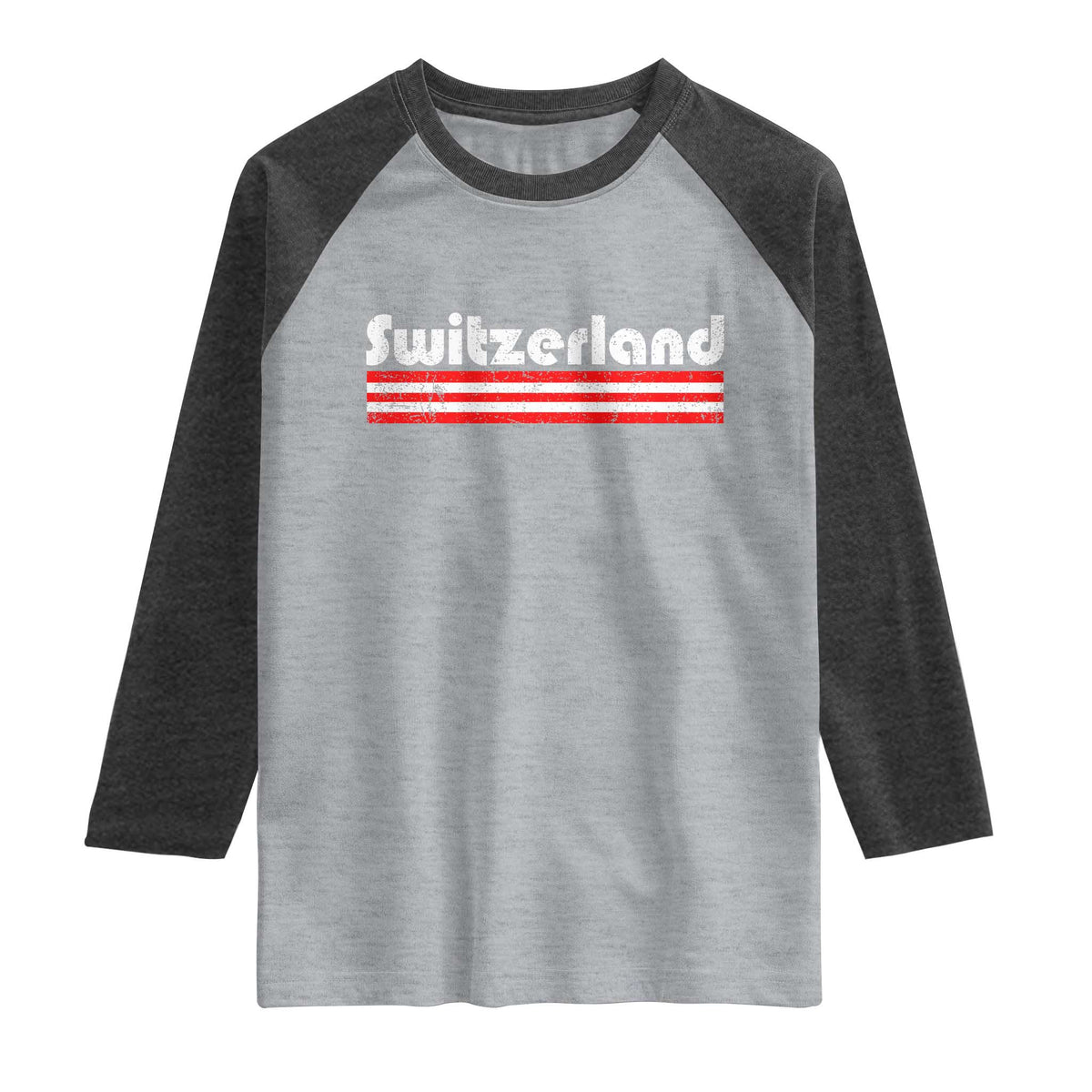 Vintage Switzerland Retro Distressed Graphic Raglan Shirt Patriotic Swiss Heritage Pride Souvenir TS02 Heather Gray Heather Charcoal Print Your Wear