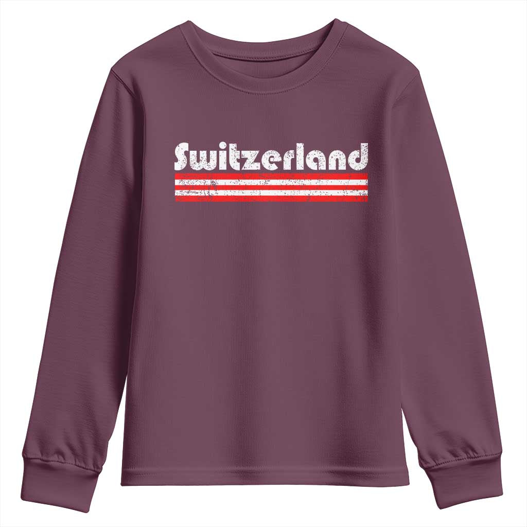 Vintage Switzerland Retro Distressed Graphic Youth Sweatshirt Patriotic Swiss Heritage Pride Souvenir TS02 Maroon Print Your Wear