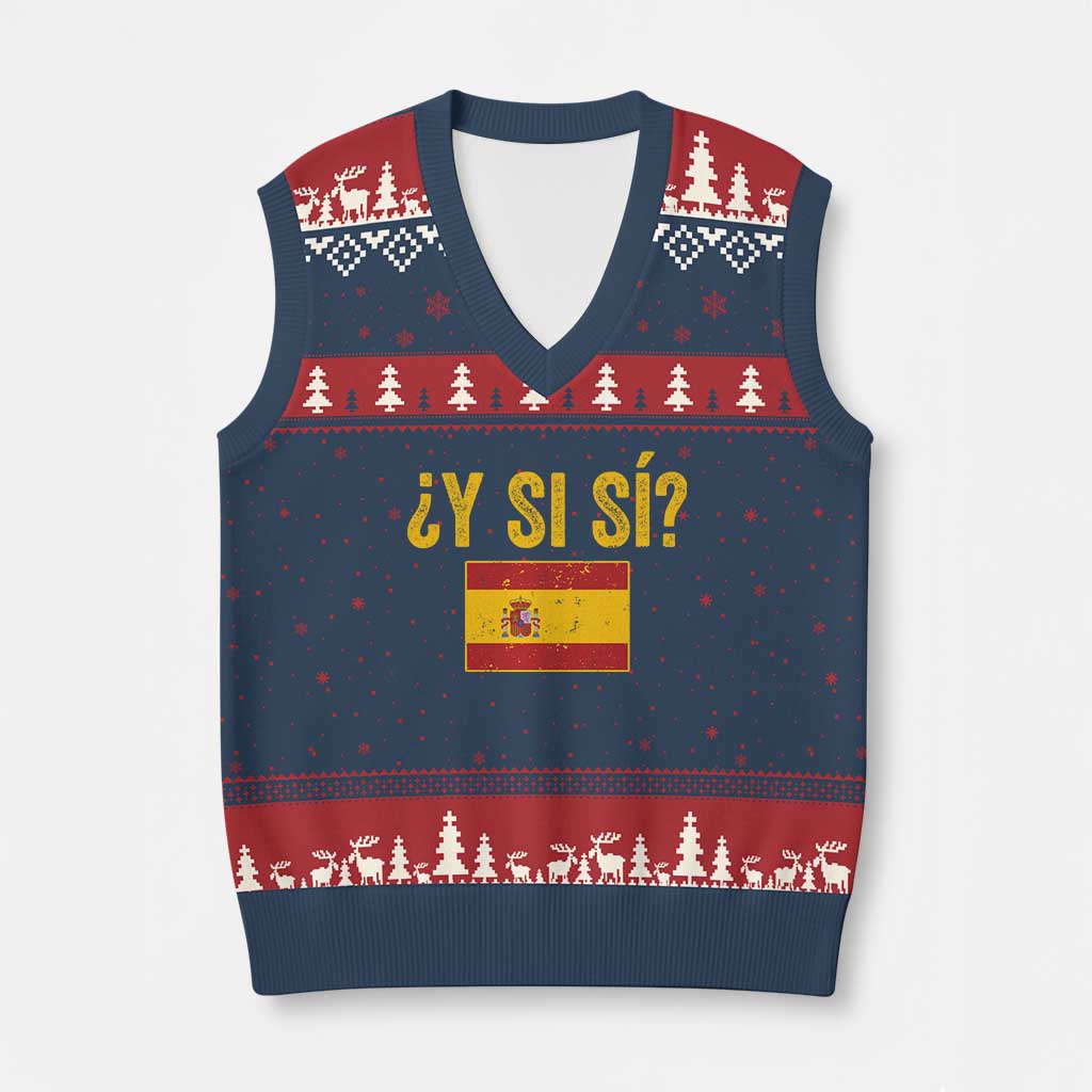 Funny Y Si Si Spain Flag Distressed Retro Graphic V-Neck Knit Sweater Vest What If Espanol Patriotic Spanish Espana Pride TS02 Navy Red Print Your Wear