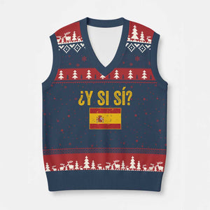 Funny Y Si Si Spain Flag Distressed Retro Graphic V-Neck Knit Sweater Vest What If Espanol Patriotic Spanish Espana Pride TS02 Navy Red Print Your Wear