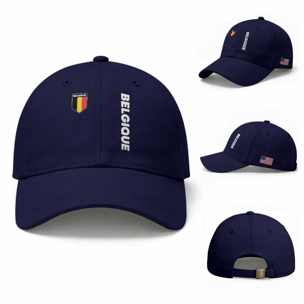 Belgique Belgium Flag Shield Minimalist Graphic Baseball Cap French Belgian Pride and European Heritage Souvenir TS02 Baseball Cap Universal Fit Dark Blue Print Your Wear