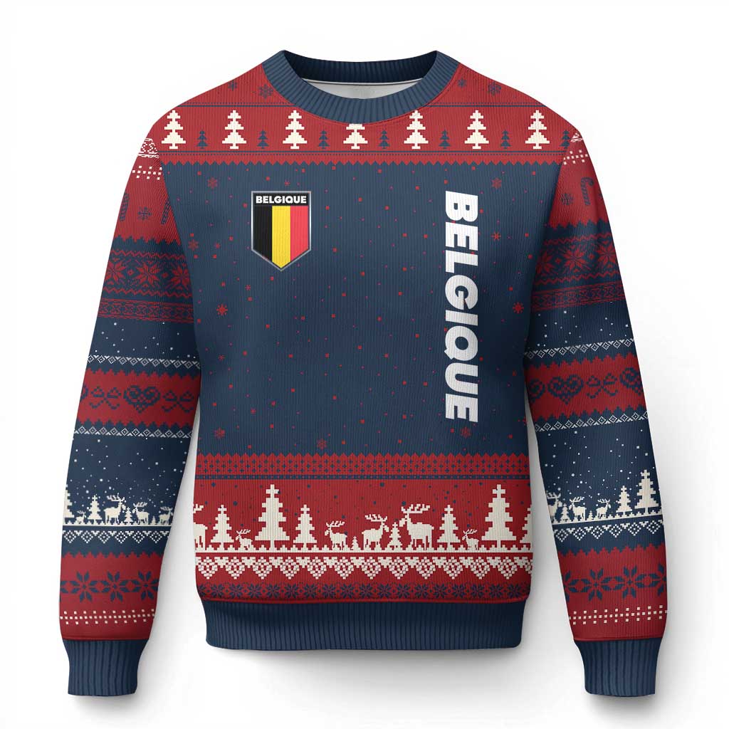 Belgique Belgium Flag Shield Minimalist Graphic Ugly Christmas Sweater French Belgian Pride and European Heritage Souvenir TS02 Navy Red Print Your Wear